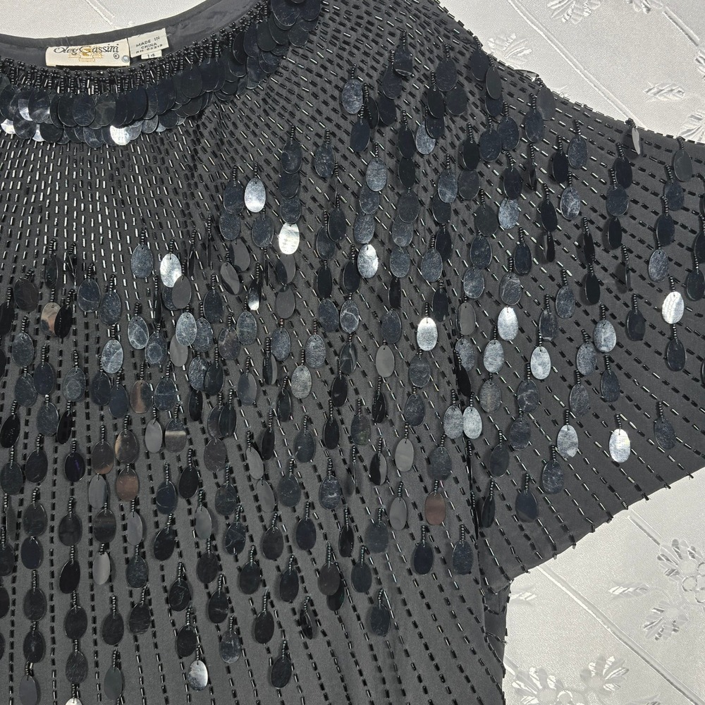 Oleg Cassini Vintage Black Tie Shift Dress Womens 14 Silk Beaded Sequin Formal - Picture 8 of 12
